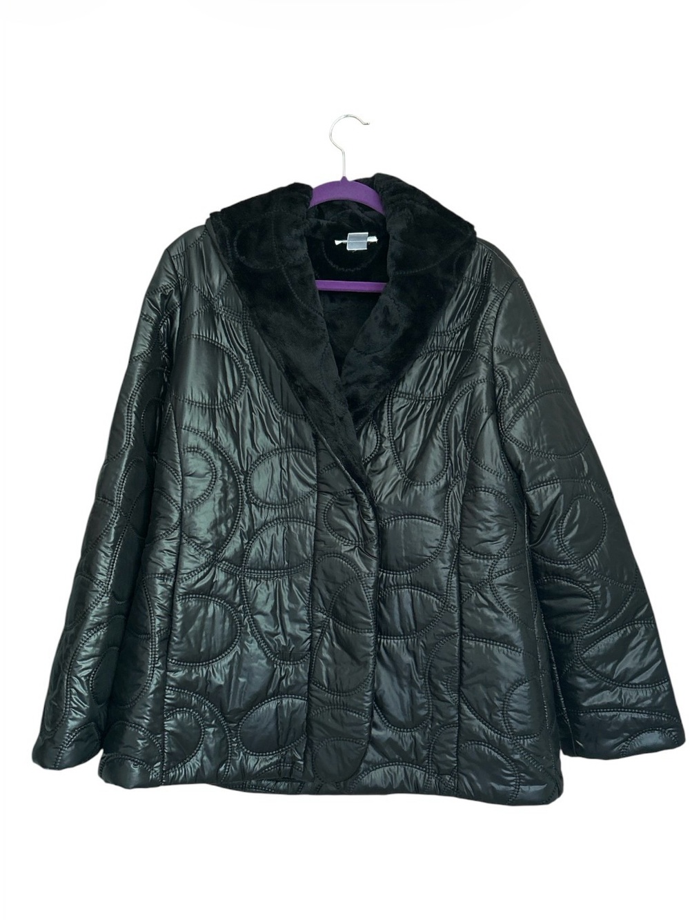 Emmelle Design NY Black Quilted Swirl Faux Fur Trim Statement Coat Jacket Size L